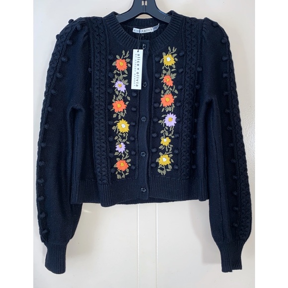 Alice + Olivia Kitty Floral Puff Sleeve Wool Blend Black Cardigan Sweater - Picture 8 of 16